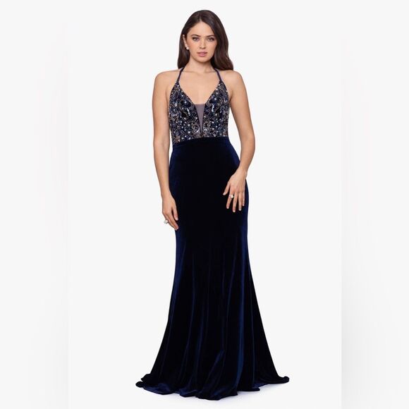 NWOT Betsy & Adam | Velvet Navy Embellished Strappy Evening Gown 4 - Picture 1 of 11
